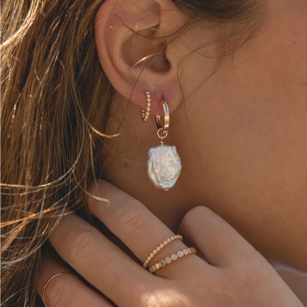 Our Spare Change Gold Freshwater Pearl Drop Hoop Earrings NWT